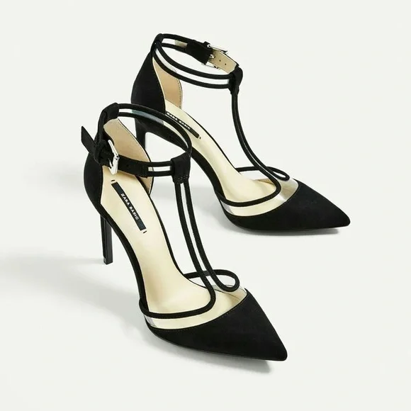 ZARA PLEXI BLACK SUEDE CLEAR VINYL ANKLE STRAPPY STILETTO HEELS POINTED TOE 8 - Picture 6 of 9